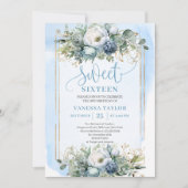 Golden Dusty Blue White Floral Sweet 16 Invitation Kaart (Voorkant)