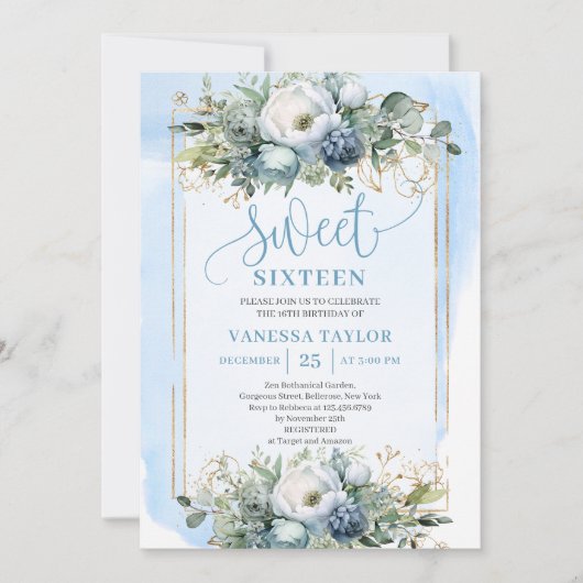 Golden Dusty Blue White Floral Sweet 16 Invitation Kaart (Voorkant)