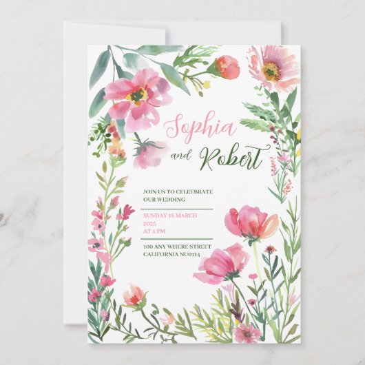 golden Dusty Pink Floral Greenery Wedding Invitati Kaart (Voorkant)