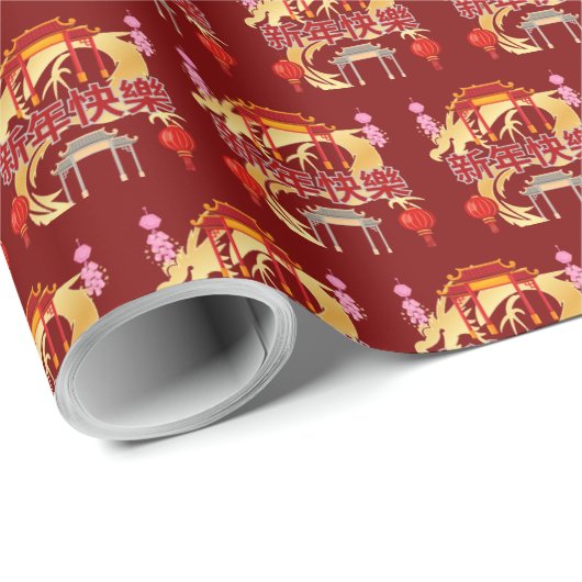 Golden Dynasty Bloom deep red Cadeaupapier (Rol Hoek)