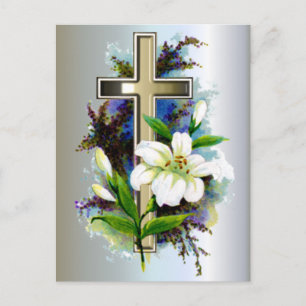 Golden Easter Cross en White Lilly Flowers Feestdagenkaart