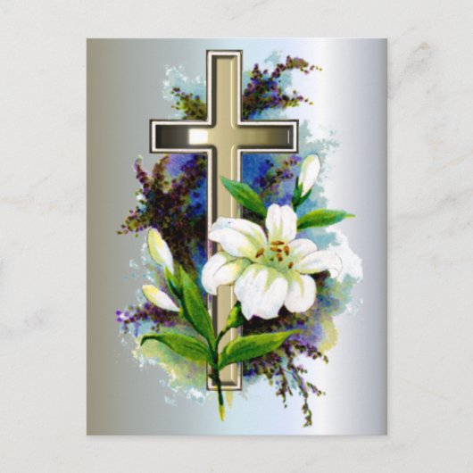 Golden Easter Cross en White Lilly Flowers Feestdagenkaart (Voorkant)