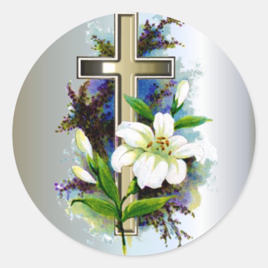 Golden Easter Cross en White Lilly Flowers Ronde Sticker (Voorkant)