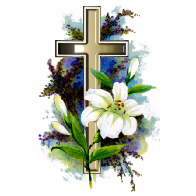 Golden Easter Cross en White Lilly Flowers Staand Fotobeeldje (Voorkant)