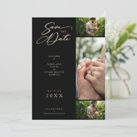 Golden Effect Black Fancy collage 3 Fotopaar Save The Date (Staand voorkant)