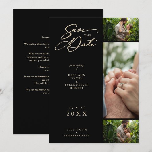 Golden Effect Black Fancy collage 3 Fotopaar Save The Date (Voorkant / Achterkant)