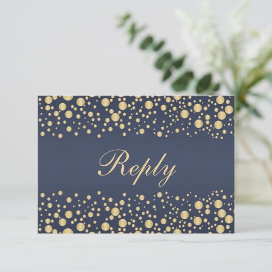 Golden effect confetti blauw RSVP Uitnodiging (Staand voorkant)