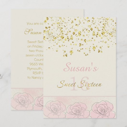 Golden effect confetti, roze rozen Sweet 16 Invite Kaart (Voorkant / Achterkant)