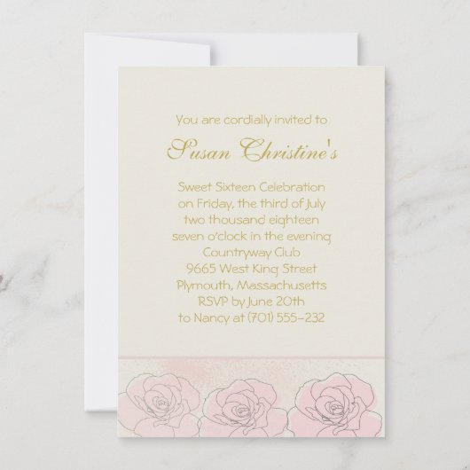 Golden effect confetti, roze rozen Sweet 16 Invite Kaart (Achterkant)