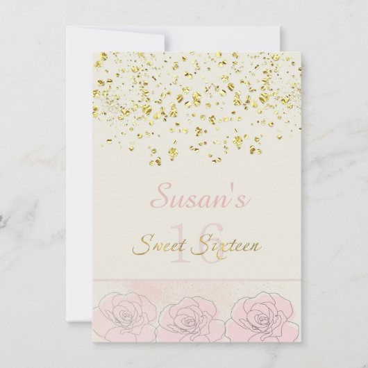 Golden effect confetti, roze rozen Sweet 16 Invite Kaart (Voorkant)