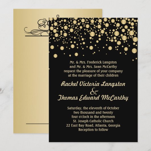 Golden effect confetti zwarte bruiloft kaart (Voorkant / Achterkant)