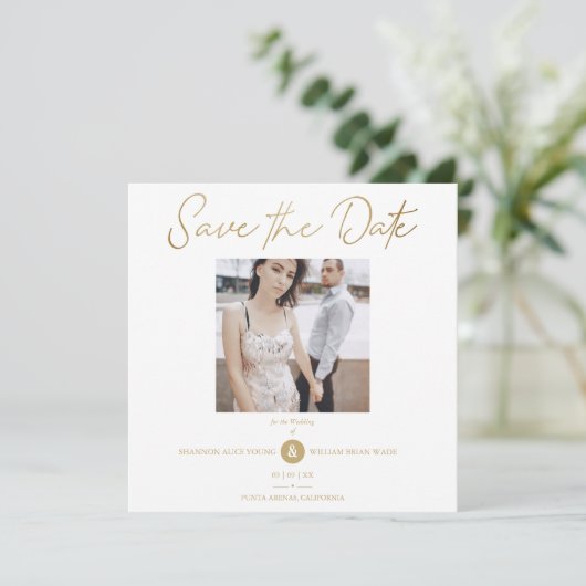 Golden Effect Elegant Custom Photo Wedding Save The Date (Staand voorkant)