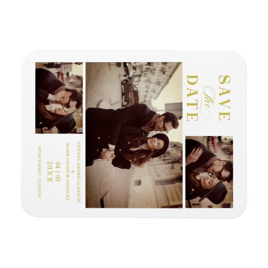 Golden Effect Modern 3 Aangepaste foto's bruiloft Magneet (Horizontaal)