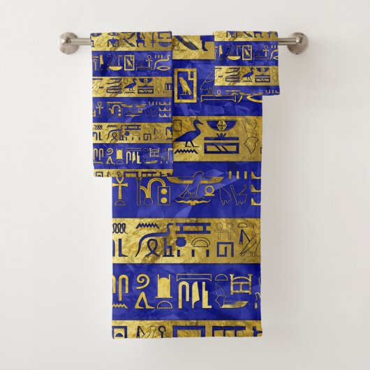 Golden-Egyptische hiërogliefroons patroonblauw Bad Handdoek (Insitu)