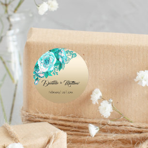 Golden Elegance: Blauwgroen Rose Bouquet bruiloft Ronde Sticker