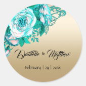 Golden Elegance: Blauwgroen Rose Bouquet bruiloft Ronde Sticker (Voorkant)