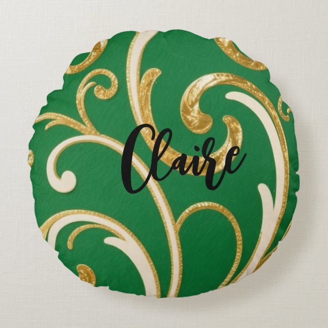 Golden Elegance Moss Green pattern Rond Kussen (Voorkant)
