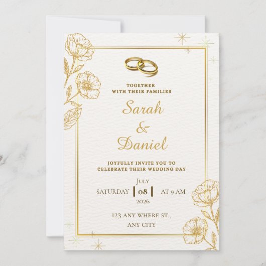 Golden Elegance Wedding Invitation Kaart (Voorkant)