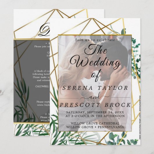 Golden Elegant Foliage Vellum Wedding Invitation Kaart (Voorkant / Achterkant)