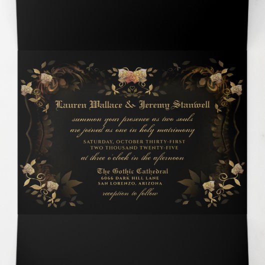 Golden Elegant Skeletons RecEPT & NON-MENU RSVP Drieluik Uitnodiging (Binnenkant midden)