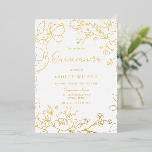 Golden Elegant White Modern Quinceanera Real Gold Folie Uitnodiging (Staand Voorkant)