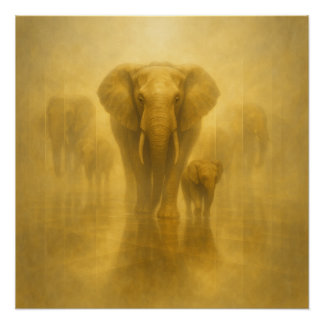 Golden Elephant and Calf in a Misty Mirror Realm – Perfect Poster
