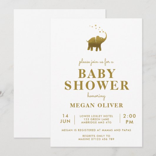 Golden Elephant Baby shower Kaart (Voorkant / Achterkant)