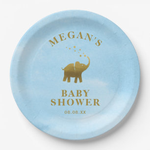 Golden Elephant Blue Waterverf Baby shower Papieren Bordje