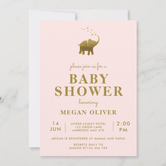 Golden Elephant Blush Pink Baby shower Kaart (Voorkant)