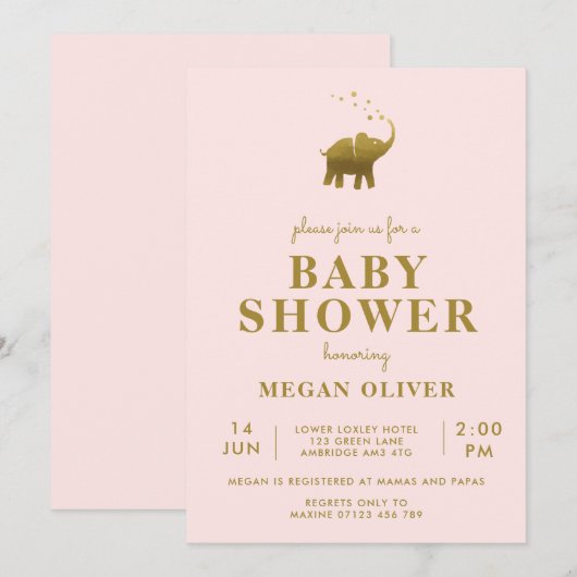 Golden Elephant Blush Pink Baby shower Kaart (Voorkant / Achterkant)
