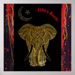 Golden Elephant met rode zeugen. Editable-naam Poster