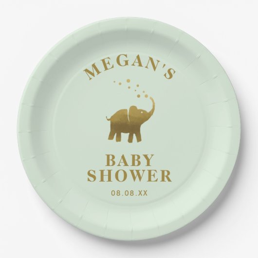 Golden Elephant Mint Green Baby shower Papieren Bordje (Voorkant)
