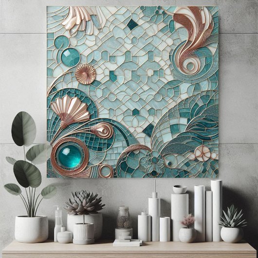 Golden Embellishment Aqua Blue Bubbles Mosaic Cool Tegeltje