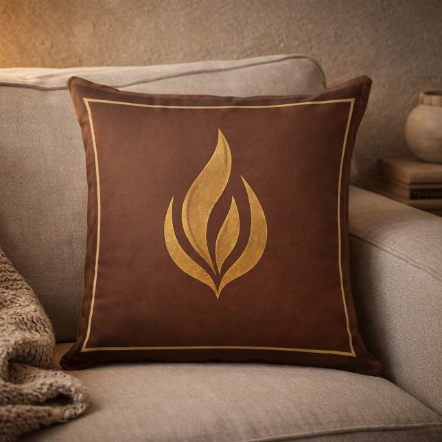 Golden Ember Glow Throw Pillow Kussen (Warm brown and gold flame accent for layered neutral living spaces.)