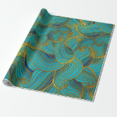 Golden Embossed Swirl Wave Pattern op Blue Cadeaupapier (Uitgerold)