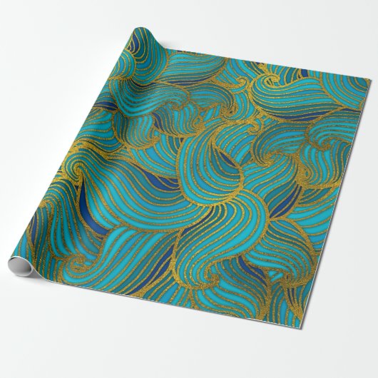 Golden Embossed Swirl Wave Pattern op Blue Cadeaupapier (Uitgerold)
