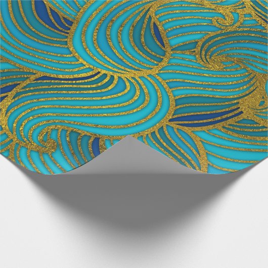 Golden Embossed Swirl Wave Pattern op Blue Cadeaupapier (Hoek)