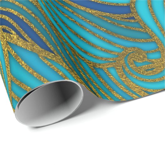 Golden Embossed Swirl Wave Pattern op Blue Cadeaupapier (Rol Hoek)