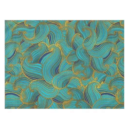 Golden Embossed Swirl Wave Pattern op Blue Tafelkleed (Voorkant (Horizontaal))