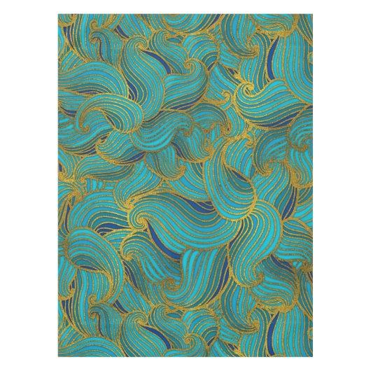 Golden Embossed Swirl Wave Pattern op Blue Tafelkleed (Voorkant)