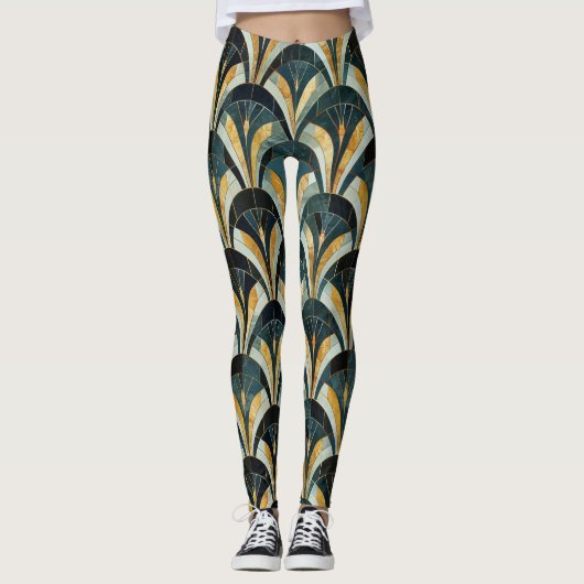 Golden Emerald Art Deco Fan Patroon Leggings (Voorkant)