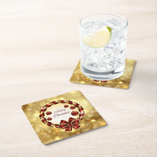 Golden en Rode kerst met Bow en Snowflake Kartonnen Onderzetters (Insitu)