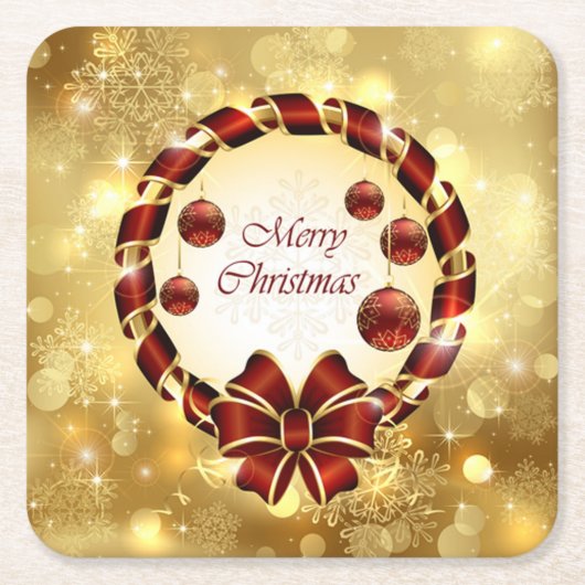 Golden en Rode kerst met Bow en Snowflake Kartonnen Onderzetters (Voorkant)