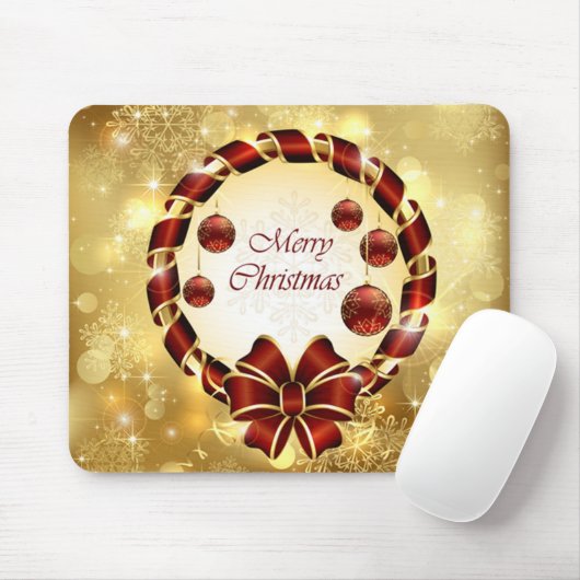 Golden en Rode kerst met Bow en Snowflake Muismat (Met muis)