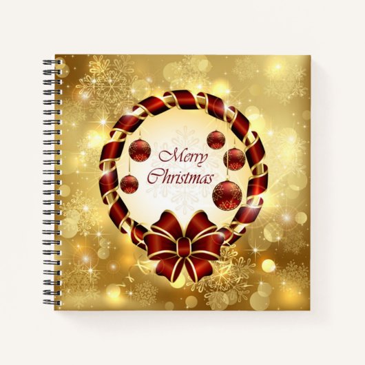 Golden en Rode kerst met Bow en Snowflake Notitieboek (Voorkant)