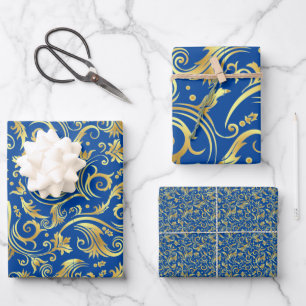 Golden en Royal Blue Scroll Inpakpapier Vel