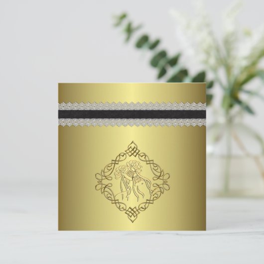 Golden Engraved Kijk Wedding Kaart (Staand voorkant)