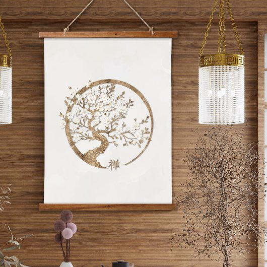 Golden Enso Zen Circle Sakura boom Hangend Wandkleed