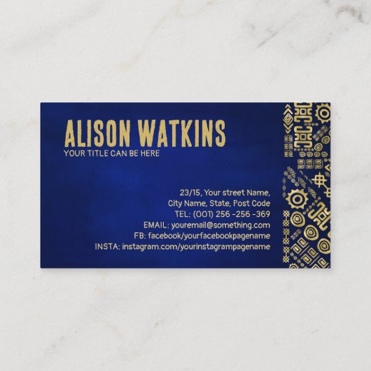 Golden Ethnic Pattern Ornament op blauw Visitekaartje (Achterkant)