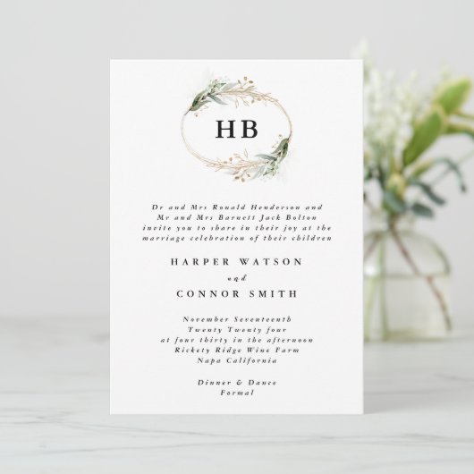 Golden Eucalyptus Wreath Monogram Weddenschap Kaart (Staand voorkant)
